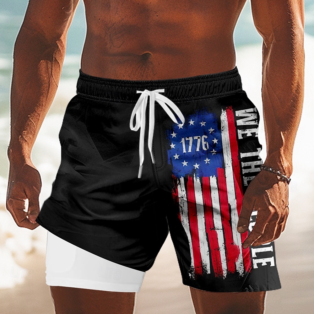 Independence Day Men's US Flag Patriotic Fourth of July Lined Shorts 2 in 1 Board Shorts Swim Shorts Mid Waist Holiday Side Pockets With Compression Liner Elastic Drawstring Waist Designer Clothing 2025 - $21.99 –P1