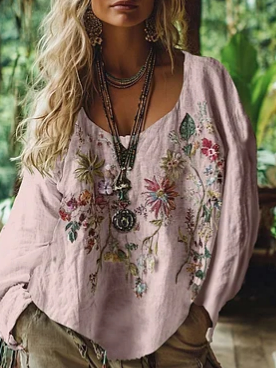 damebluse vestlig bohemsk skjortebluse blomst moderne avslappet langermet v-hals vanlig topper daglig ferie ute trykk hvit rosa blå lilla grønn sommer høst 2025 - $19.99 –P2