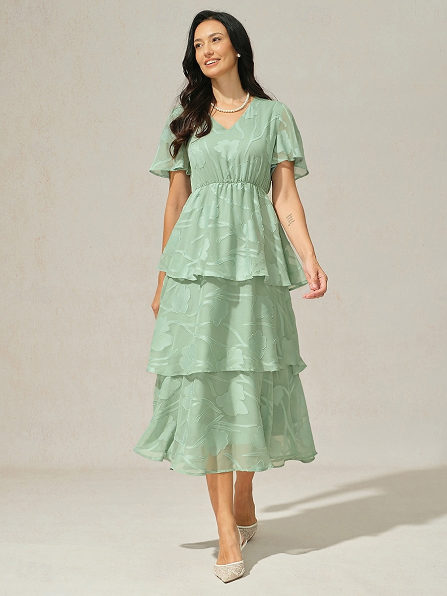 Dames Maxi-jurk A lijn jurk Elegant Formeel Flutter mouw Bruiloft gast Cocktailparty Normale pasvorm Effen Korte mouw V-hals Grijs-Groen Zomer 2025 - $59.99 –P3