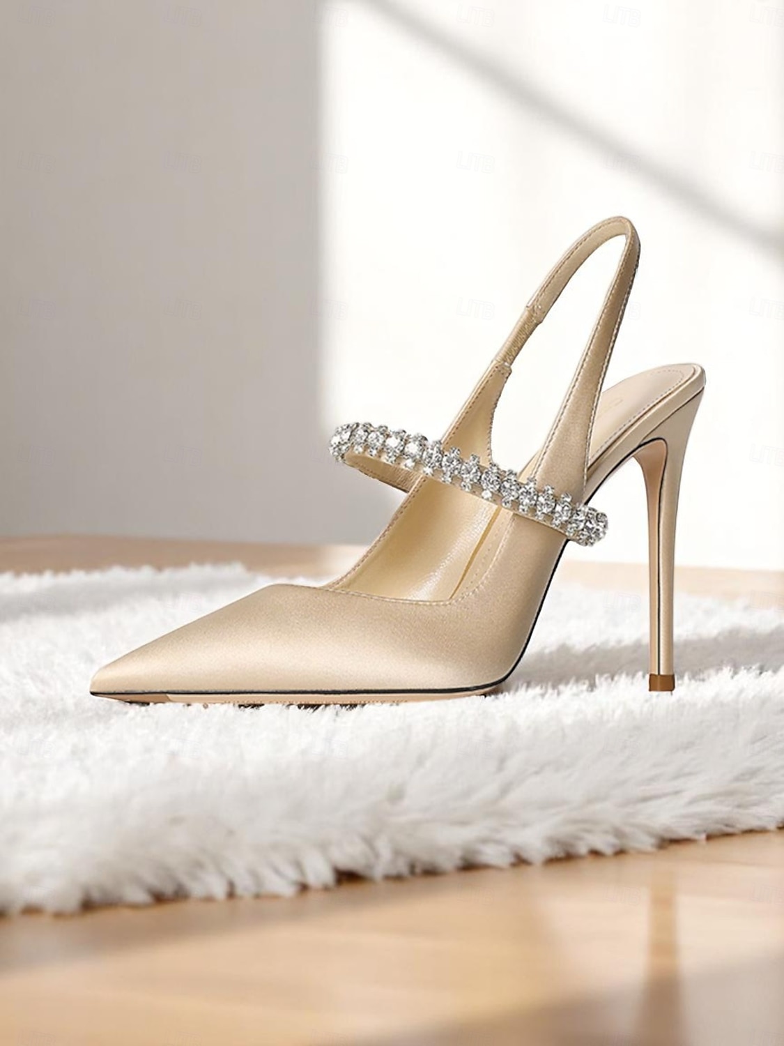 Sapatos de salto alto slingback de cetim champanhe com strass - elegantes saltos agulha de bico fino para coquetéis e ocasiões formais de 2025 por $54.99 –P5