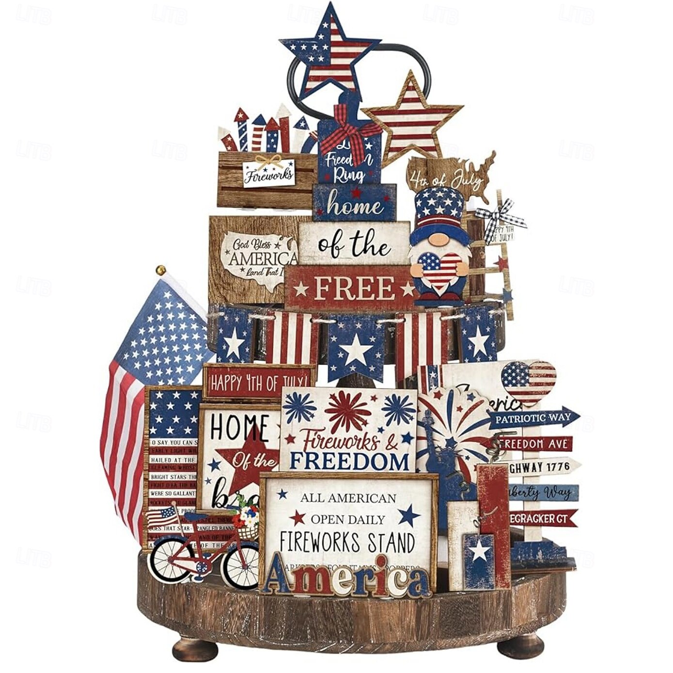 Patriotic Tiered Tray Decor Set for 4th of July and Memorial Day, Rustic Wooden Red White Blue Signs, Vintage Farmhouse Independence Day Table Decorations, Glow Americana Party Decor 2025 - $22.99 –P1