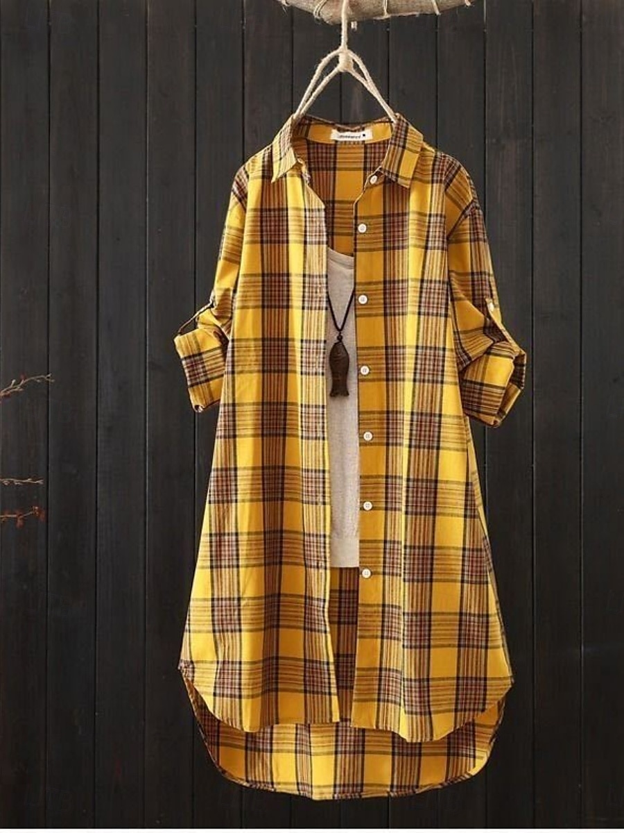 Women's Cotton Linen Shirt Plaid Basic Casual Long Sleeve Shirt Collar Regular Tops Daily Buttons Pocket Print Yellow Red Green Summer 2025 - $18.99 –P1