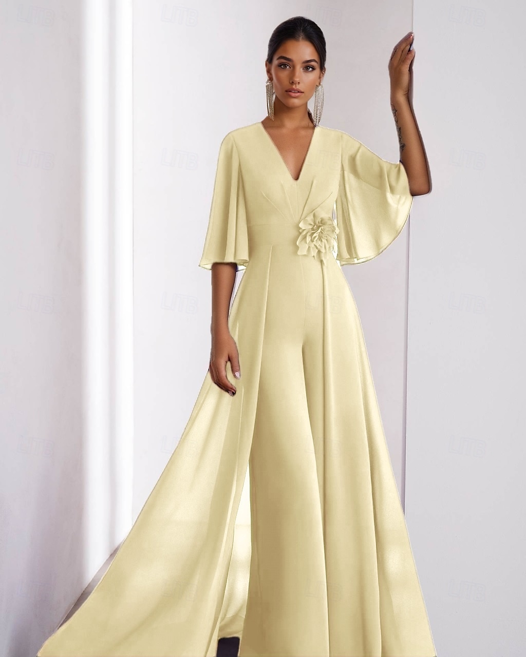 Overal pro matku nevěsty Šaty pro svatební hosty Elegantní vintage V výstřih podlahové délky chiffon s krátkým rukávem s nařasenými volánky 2025 - $134.99 –P3