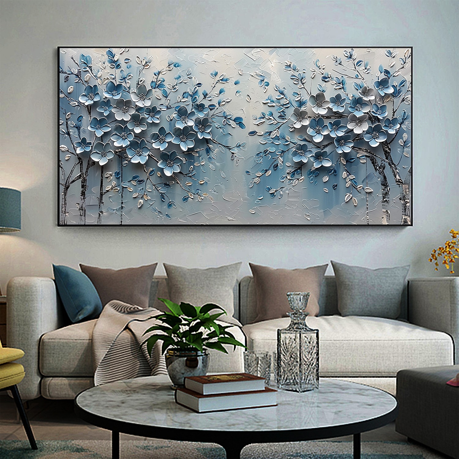 Peinture à l'huile originale faite à la main de fleurs bleues sur toile, art mural abstrait de paysage d'arbre pour la décoration intérieure avec cadre tendu sans cadre intérieur de 2025 ? $131.99 –P2