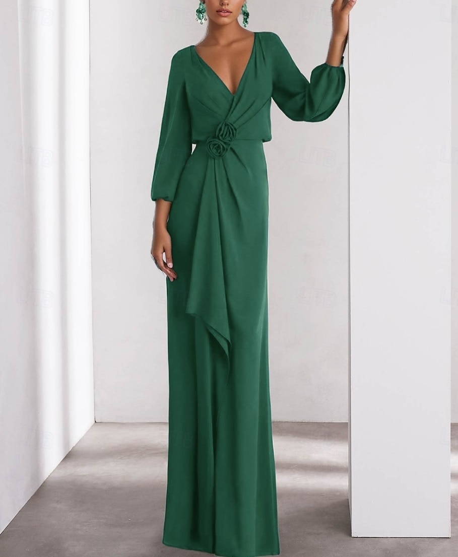Linea ad A Abito da Sera Elegante Vestito Formale Matrimonio Lunghezza al pavimento Manica Lunga Scollo a V Crepe Elasticizzato con Volant 2025 del 2025 a $137.99 –P10