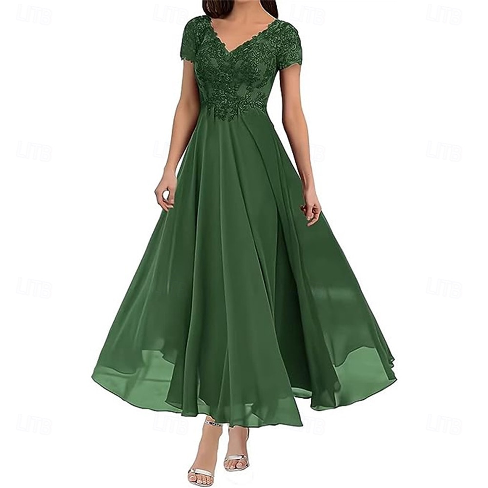 A-Linie Brautmutterkleid Elegant V Ausschnitt Bodenlang Polyester Kurzarm mit Einfarbig 2025 2025 - $119.99 –P6