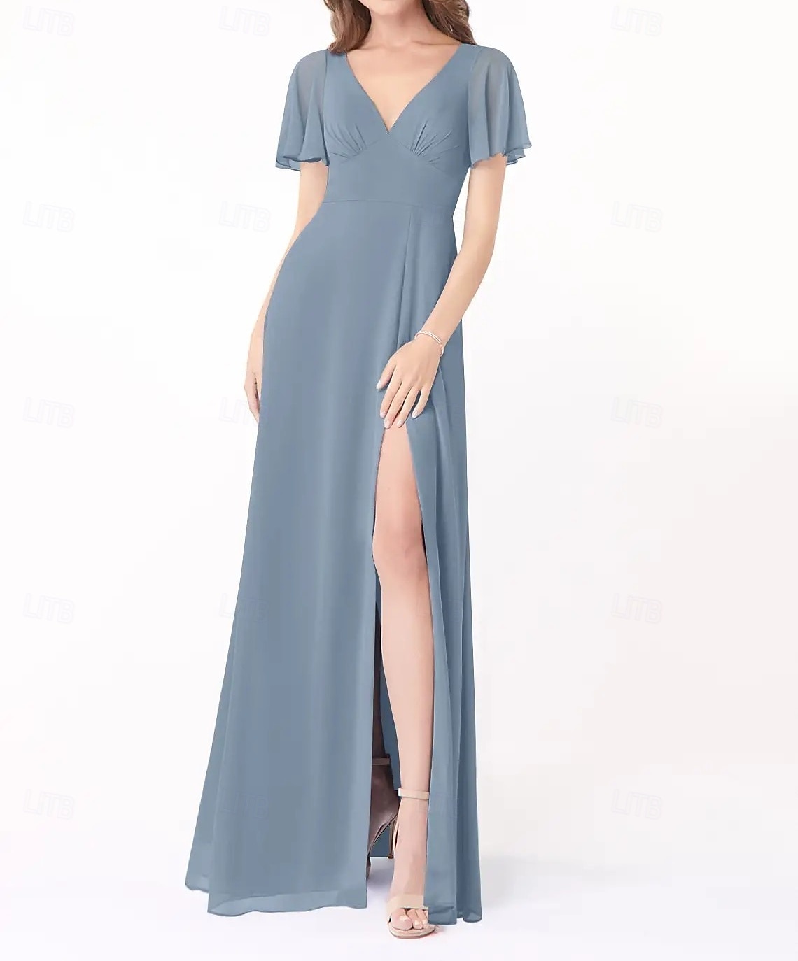 Abito A-Line Damigella d'Onore V Collo Manica Corta Elegante Lunghezza del Pavimento Chiffon con Fessura Frontale/Ruching del 2025 a $151.99 –P1
