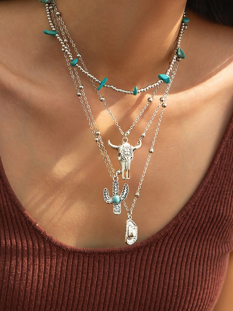 Women's Western Layered Turquoise Beaded Necklace Set – Boho Statement Jewelry with Cactus & Teardrop Charms, Ideal for Festivals, Country Concerts and Casual Wear 2025 - GBP £7.27 –P12
