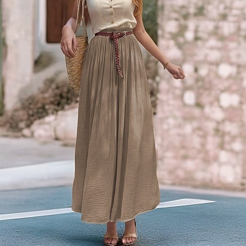 Damen Asiatische Größe Schwingend Leinenröcke Elegant Lässig Midi Hohe Taille Röcke Einfarbig Gerafft Plissiert Fließend Mikroelastisch Urlaub Täglich Wein Schwarz Weiß Rosa Frühling, Herbst, Winter 2025 - $32.99 –P9