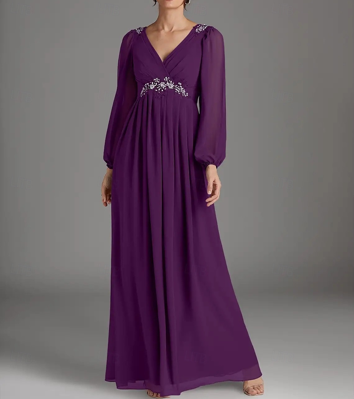 A-Line Mother of the Bride Dress Wedding Guest Elegant V Neck Floor Length Chiffon Long Sleeve with Beading Appliques Ruching 2025 - $162.99 –P4