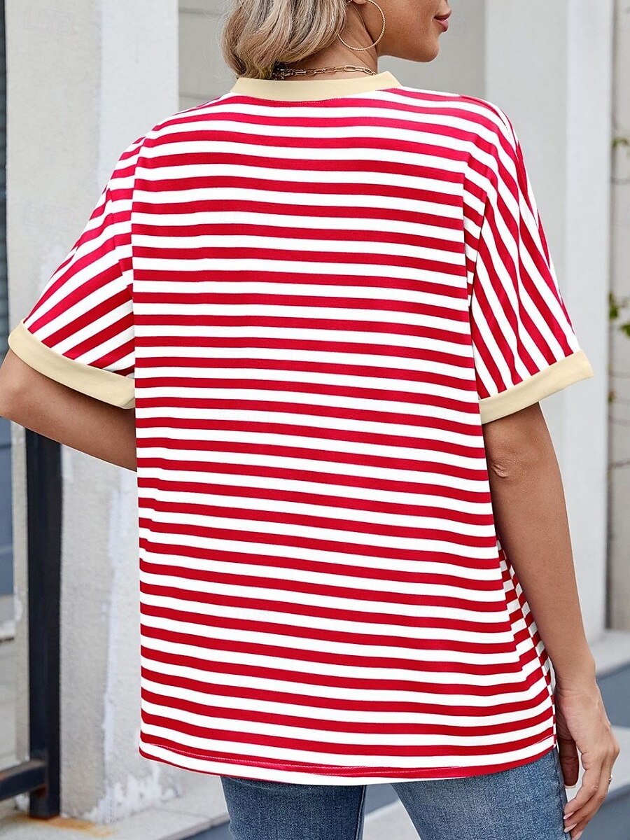 Femmes T-shirt Rayé Mode Élégant Moderne Manche Courte Col ras du cou Hauts Réguliers Quotidien Week-end Imprimé Noir Rouge Bleu Vert Été de 2025 ? $16.99 –P10