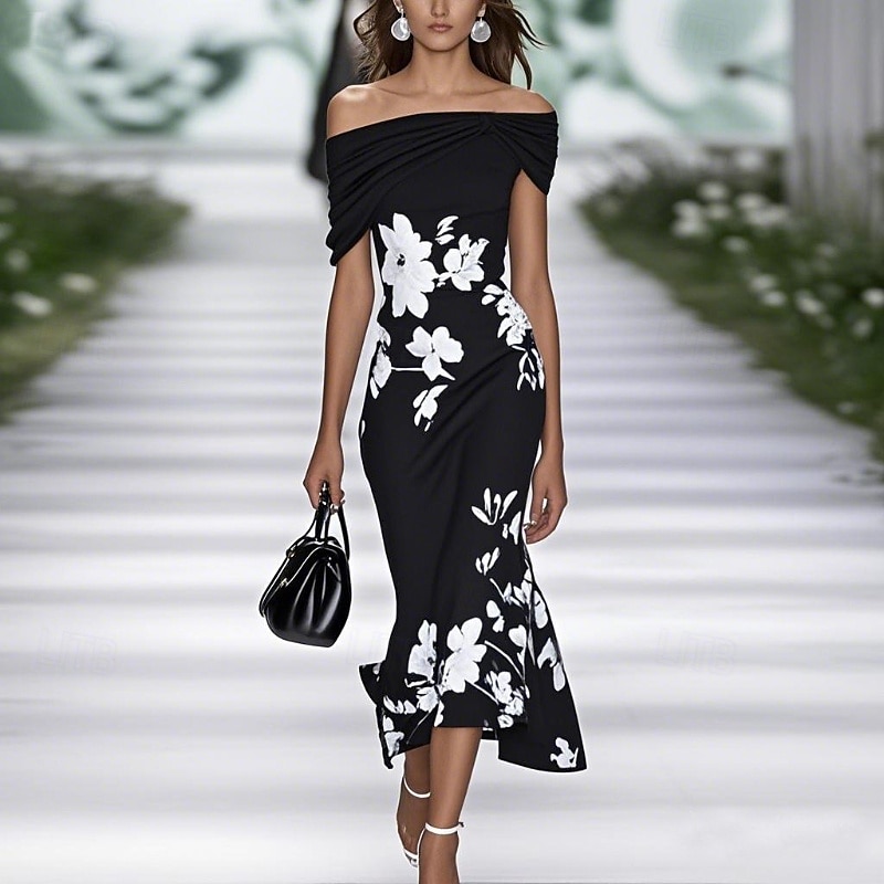 Women's Midi Dress Floral Dress Elegant Fashion Outdoor Vacation Holiday Regular Fit Flower Short Sleeve Off Shoulder Black Light Green Light Blue Summer 2025 - $26.99 –P1