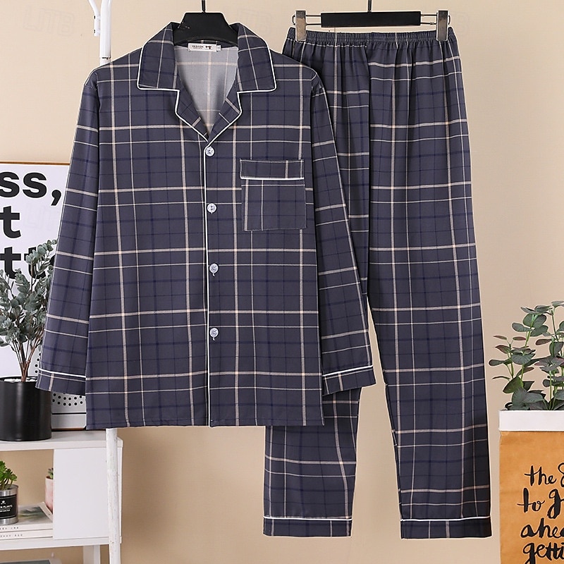 Homens Roupa de Dormir Conjunto de Pijama Top e calça de pijama 1conjunto Xadrez Moda à moda Clássico Casa Diário De Cama Poliéster Conforto Macio Lapela Manga Longa Cardigã Calça Cintura elástica de 2025 por $21.99 –P2