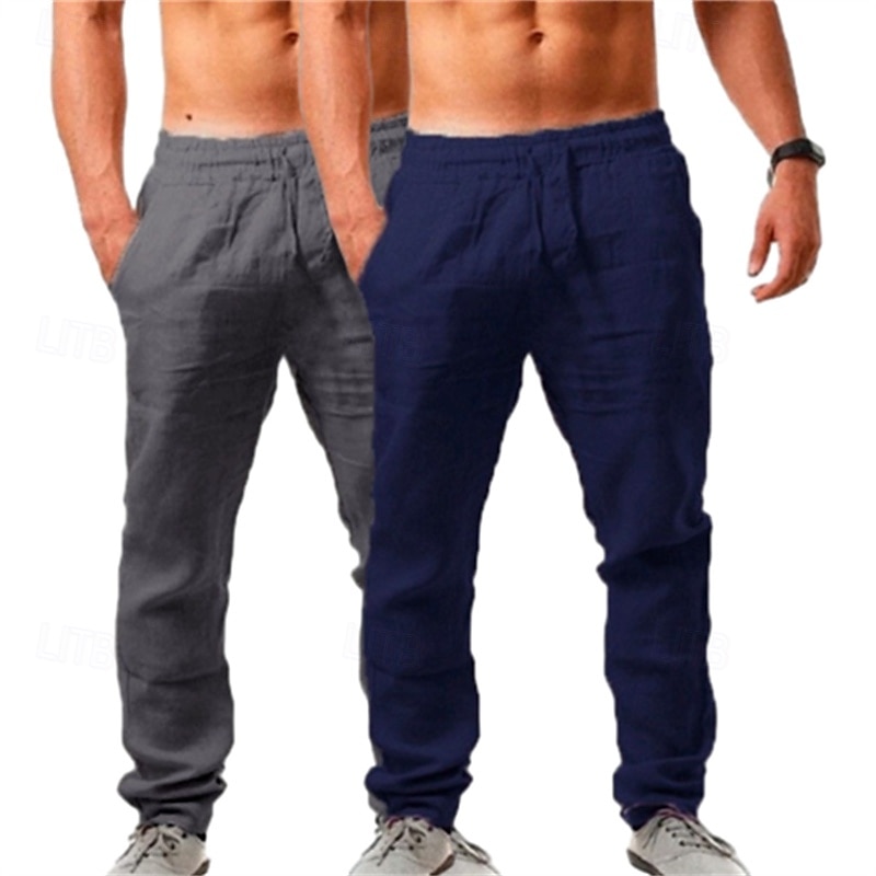 Pacote com 2 calças de linho masculinas, calças de verão, calças largas, calças de praia, cordão, cintura elástica, lisas, confortáveis, respiráveis, comprimento total, uso ao ar livre, diário, moda de férias, estilo clássico, branco + azul celeste de 2025 por $29.99 –P6