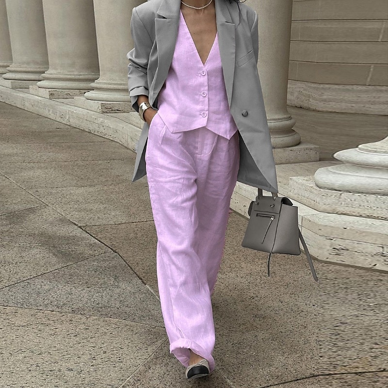 Women's Active Fashion Blouse Pants Sets Sleeveless V Neck Solid Color Dubbele Rij Knopen Daily Casual Daily Black White Pink Summer Regular Fit 2025 - $45.99 –P20