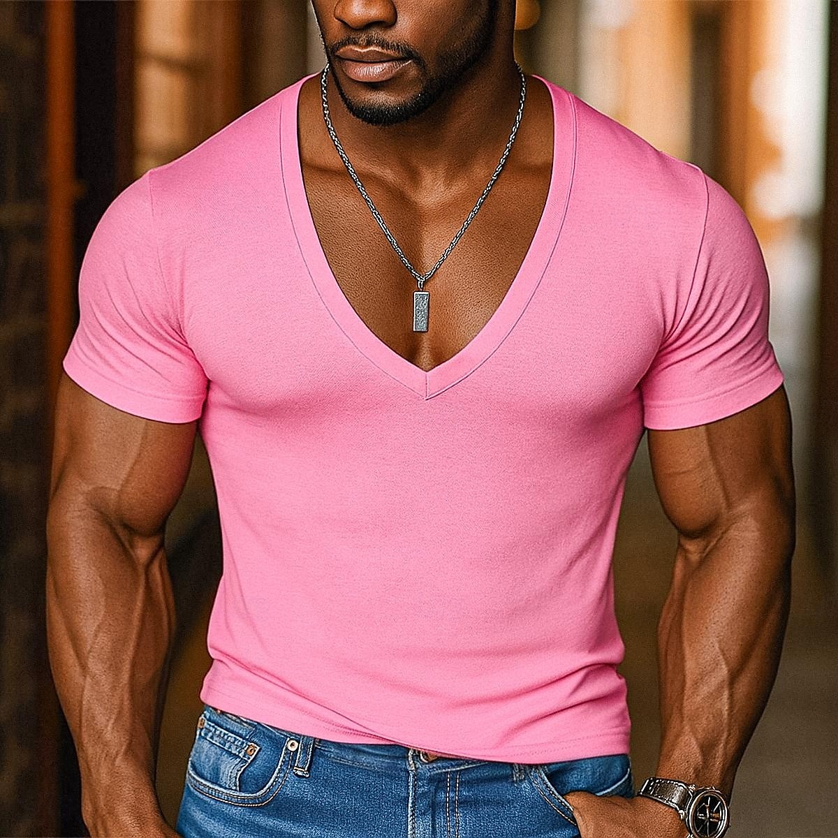 Herren T Shirt T-Shirt Kurze Ärmel V Ausschnitt Sommer Einfarbig Mode Designer Basic V-Ausschnitt Urlaub Straße Lässig Hellblau Schwarz Rosa Top T-Shirt für Herren 2025 - $12.99 –P4