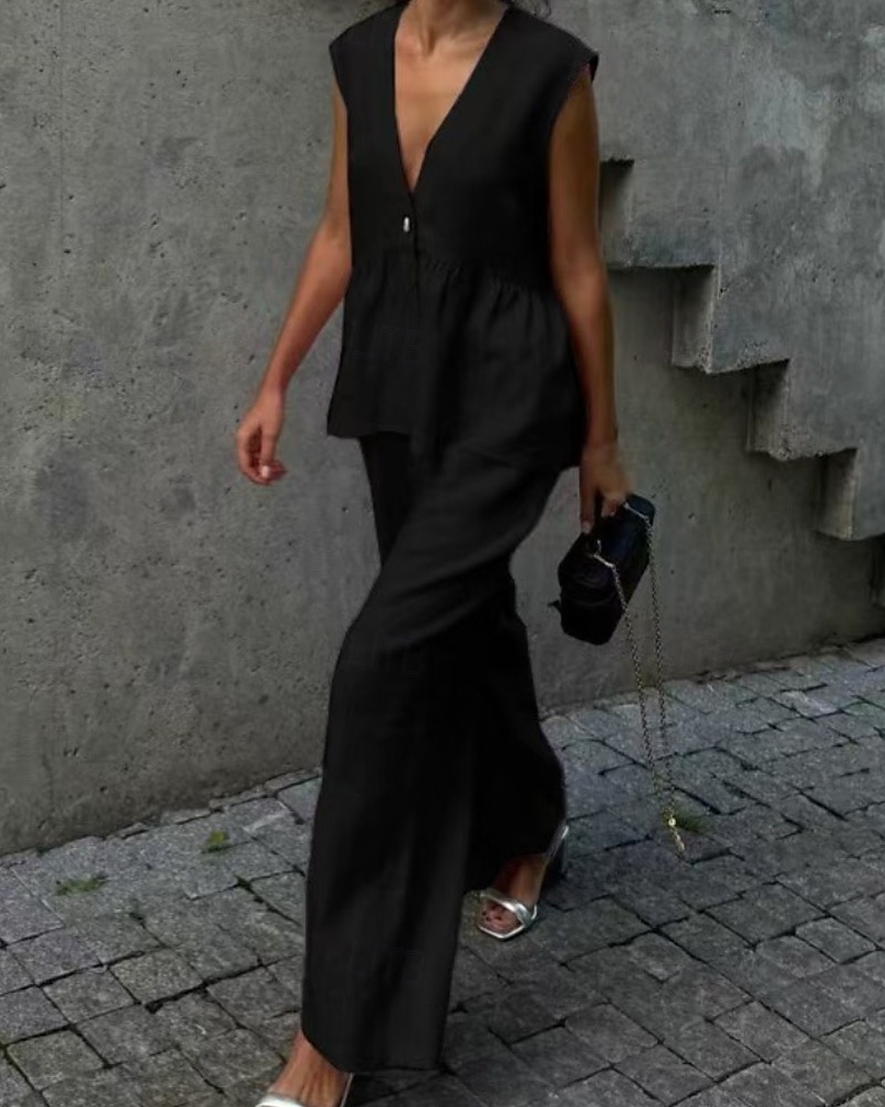 Damen Aktiv Mode Baumwoll-Leinen-Hemden Bluse Hosen-Sets Ärmellos V Ausschnitt Einfarbig Dubbele Rij Knopen Urlaub Alltagstauglich Schwarz Rosa Leicht Blau Sommer Normale Passform 2025 - $36.99 –P5