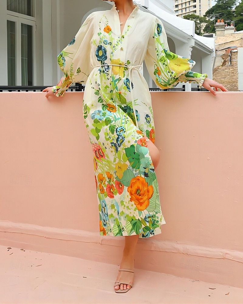Pentru femei Rochie Lunga Rochie Maxi Rochii de in bumbac Rochie casual Modă Mâneci Bufante În aer liber Petrecere Concediu Fit regulat Floare Manșon Lung Guler Cămașă Trifoi Vară 2025 - $31.99 –P4