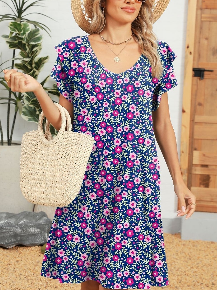 Damskie Sukienka mini Sukienka A line Letnie sukienki Codzienny Codzienny Regularny Kwiaty Krótki rękaw W serek Czarny Biały Rumiany róż Niebieski Lato 2025 - $21.99 –P11
