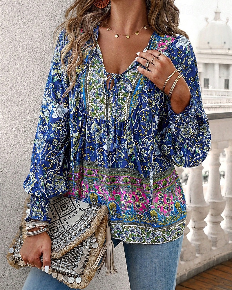 Damen Hemd Boho-Hemd Sommeroberteile Blume Täglich Stilvoll Lässig Langarm V Ausschnitt Normale Oberteile Arbeit Täglich Ferien Druck Rosa Marineblau Blau Frühling Herbst 2025 - $22.99 –P8