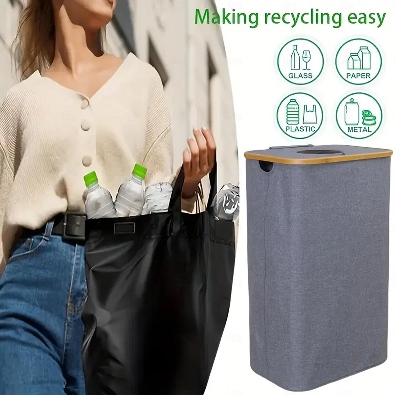 Pfandflaschen Sammelbehälter Recyclingbehälter für Küche, Innenbereich, Zuhause, 100 l Wäschesammler mit 2 herausnehmbaren Innentaschen, Bambusrahmen, Oxford-Gewebe, selbstschließende obere Öffnung 2026 - $36.99 –P3