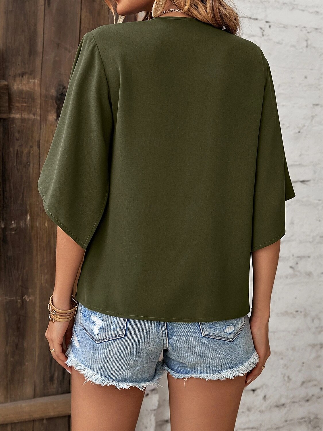 Mulheres Tops de verão Tecido à moda Meia Manga Manga Morcego Decote V Tops regulares Diário Marron Verde Verão de 2025 por $19.49 –P6