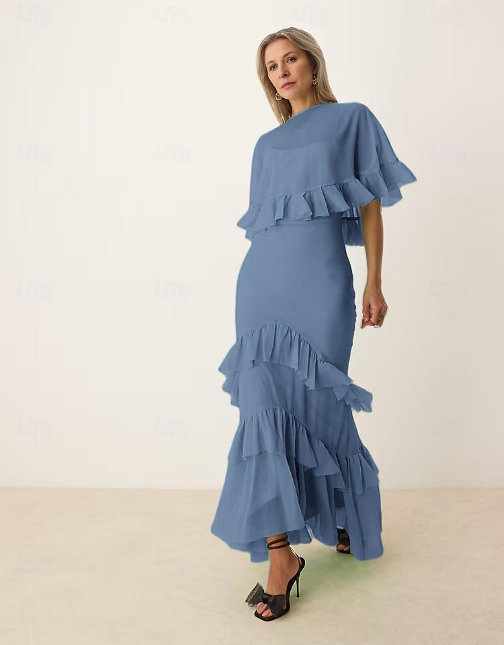 A-Linie Brautmutter Kleid Rohe Kanten Einfach Minimalistisch Boot-Ausschnitt Bodenlang Chiffon Kurzarm mit Kaskade Rüschen 2025 - $123.99 –P5