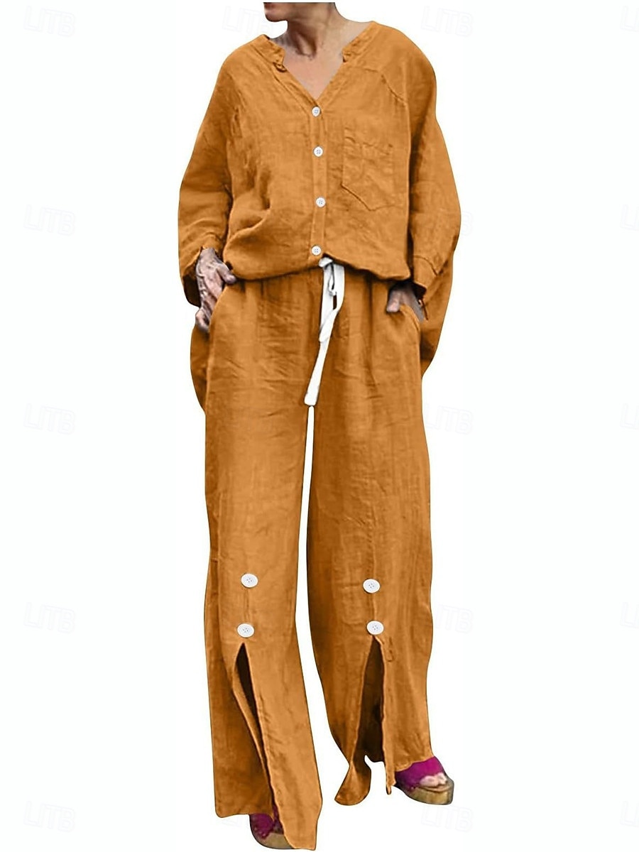 Femmes Actif Basique Ensembles en coton et lin manche longue Col en V Couleur Unie Décontracté Quotidien Noir Blanche Jaune Été Coupe régulière de 2025 ? $28.99 –P7