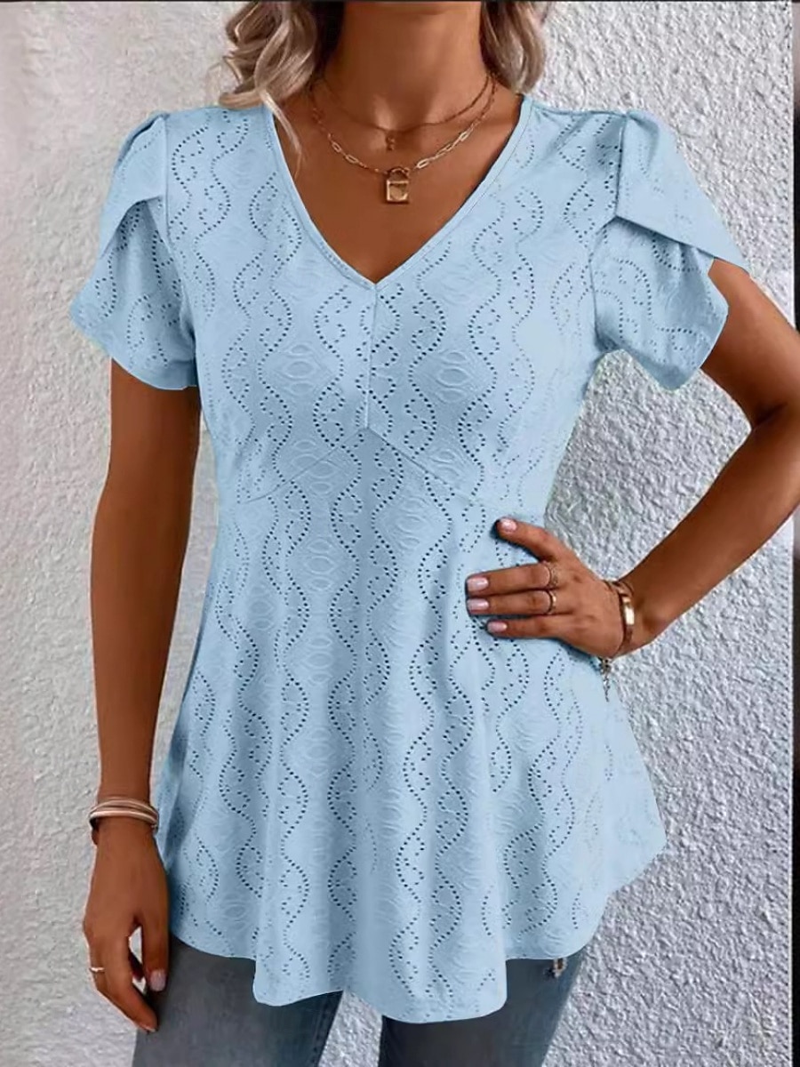 Women's Blouse Solid Color Stylish Basic Casual Short Sleeve V Neck Regular Tops Daily Lace Patchwork Black White Pink Blue Purple Summer 2025 - $17.99 –P5