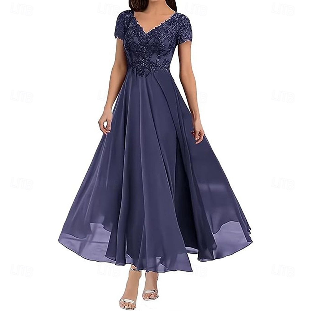 A-Linie Brautmutterkleid Elegant V Ausschnitt Bodenlang Polyester Kurzarm mit Einfarbig 2025 2025 - $119.99 –P8