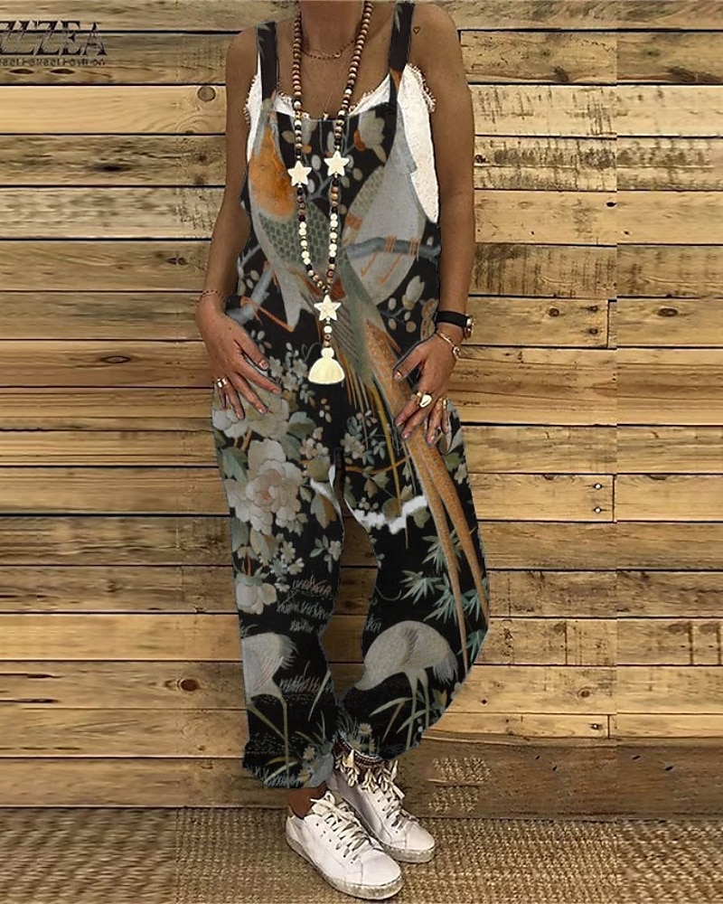 בגדי ריקוד נשים נורמלי סרבלים יום יומי פרחוני ללא שרוולים צווארון U דפוס רחוב חגים רגיל אפור כהה קיץ 2025 - $23.99 –P1