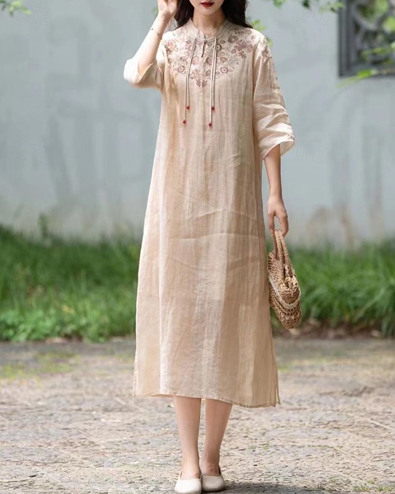 Pentru femei Rochii Midi Rochie din in bumbac Rochie florala Modă Modern Vacanță Zilnic Concediu Fit regulat Floare Manșon Jumate Guler de stand Roz Îmbujorat Albastru piscină Trifoi Caisă Vară 2025 - $28.99 –P18