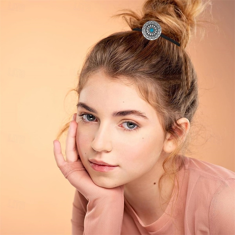 6 pezzi di elastici per capelli in metallo in stile western, elastici per capelli boho, elastici per capelli circolari a forma di fiore di zucca vintage, fasce per capelli con fiori di zucca turchese del 2025 a $12.49 –P5