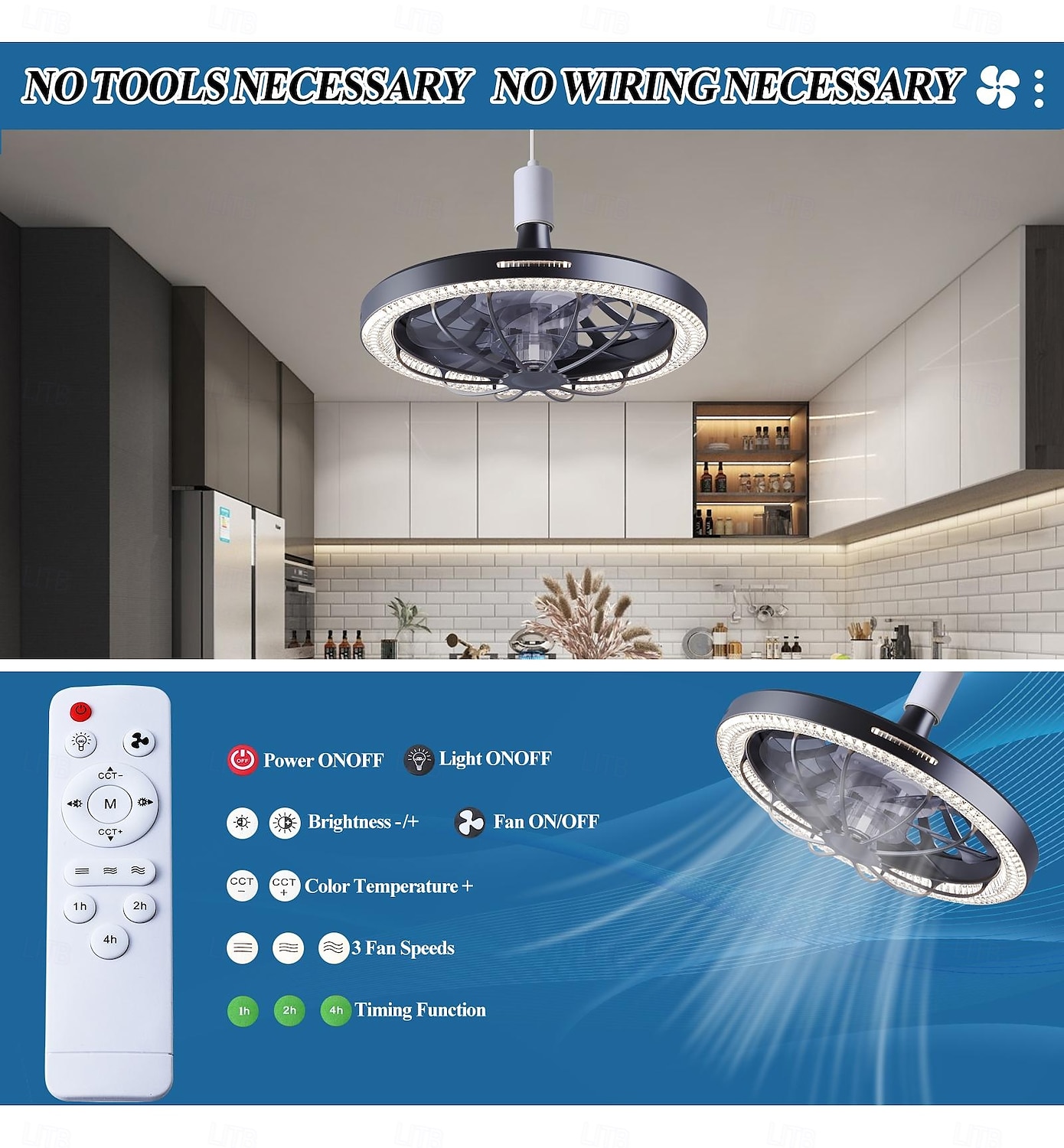 1 Pc E26/27 Socket Ceiling Fan Light Remote Control Three Color Adjustable Wind Speed Timing Adjustable Dining Room Bedroom Living Room Ceiling Fan Light 100-240v 2025 - $65.99 –P10