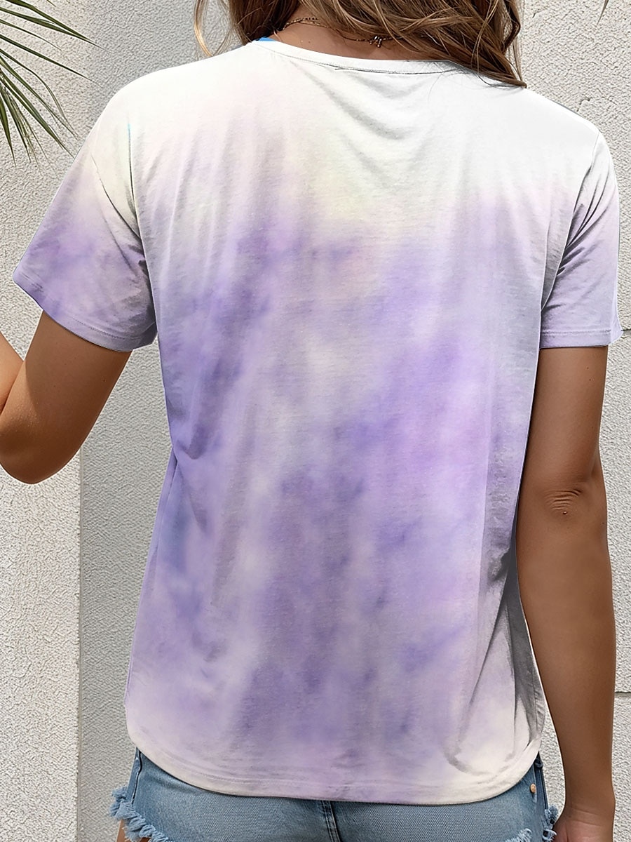 Tricou damă kayomi harai, grafică animală, pisică, drăguț, elegant, casual, mânecă scurtă, guler rotund, guler rotund, topuri obișnuite, imprimeu zilnic, violet, vară, primăvară 2025 - $21.99 –P3