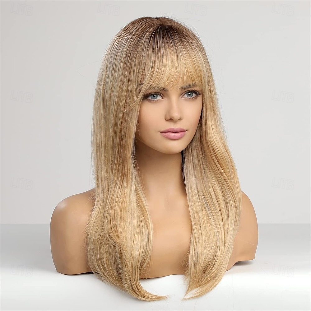 lange blonde pruiken voor vrouwen rechte pruiken met pony synthetisch gelaagd haar pruik met donkere wortels 2025 - $27.99 –P4