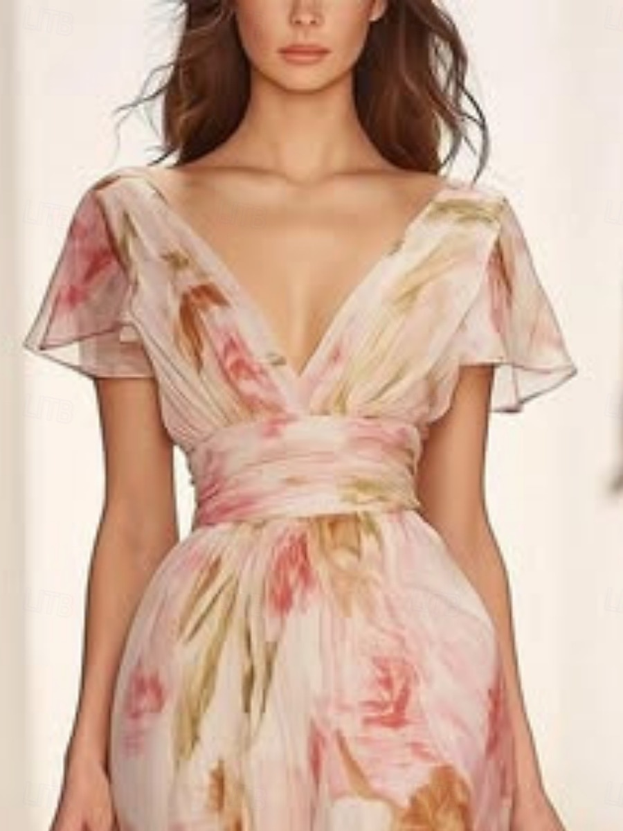 Women's Maxi Dress A Line Dress Casual Outdoor Going out Regular Fit Floral Graphic Short Sleeve V Neck Pink Summer 2025 - GBP £42.99 –P2