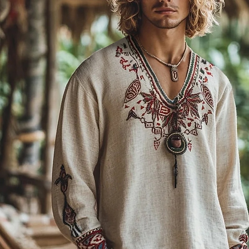 Homme Chemise Chemise en lin Chemise popover Chemise d'été Chemises rétro Chemise ethnique Géométrique Vacances Rue Kaki manche longue Col en V Été Printemps Vêtement Tenue de 2026 ? $25.99 –P6
