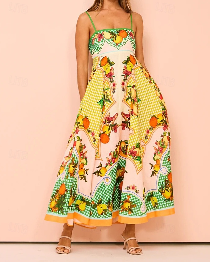 Per donna Abito Lungo Maxi Abito Abiti in cotone e lino Vestito Casual Abito Sottoveste Moda All'aperto Feste Ferie Vestibilità regolare Frutta Senza Maniche Spalline sottili Giallo Estate del 2025 a $38.99 –P1