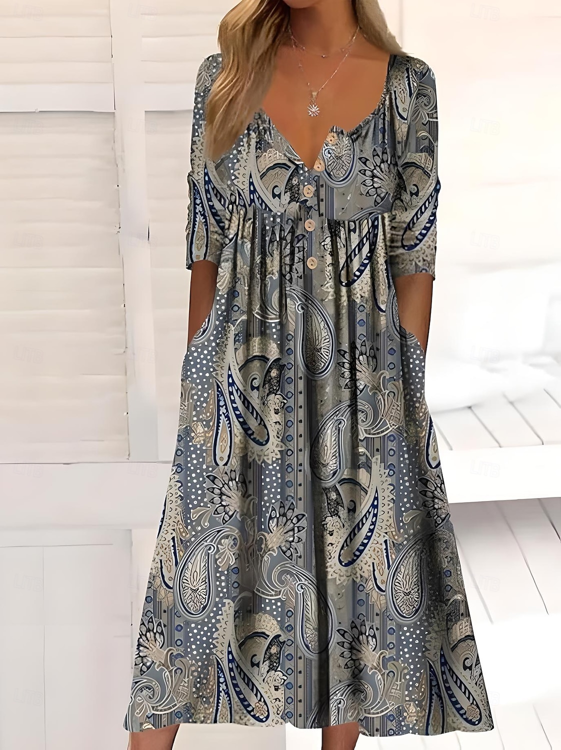 Women's Midi Dress Casual Dress Sundress A Line Dress Summer Dress Vacation Casual Beach Holiday Loose Fit Floral Graphic Short Sleeve Crew Neck White Ivory Dark Green Dusty Blue Summer 2025 - $36.99 –P3