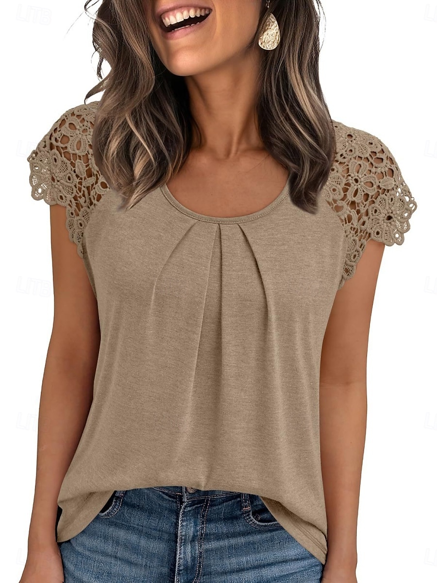 Damernas T-shirt Enfärgad Plain Mode Stilig Klassisk Korta Ärmar Rund Halsringning Regelbundna Toppar Daglig Helg Spets Lappar Svart Blå Grön Khaki Sommar 2026 - $22.99 –P14