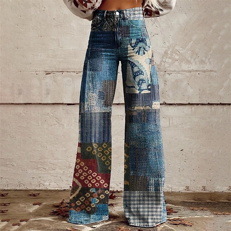 Retro Antiguo Años 70 Y2K Pantalones Pantalones de pierna ancha Hippie Disco Alta cintura Tribal Estilo de jeans falsos Disfraz Mujer Carnaval Casual Diario Festival de Música Fiesta temática retro 2026 - $35.99 –P6