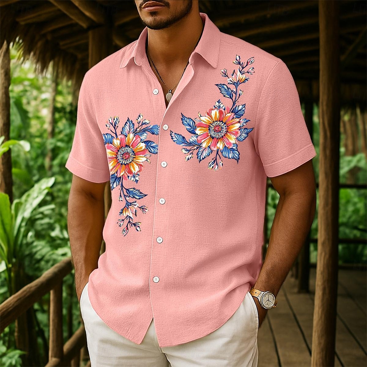 Per uomo Camicia Camicia di lino Camicia Estiva Camicia da Spiaggia Camicia con Bottoni Floreale Casuale Ferie Giallo Rosa Blu marino Verde Manica Corta Collo ripiegato Estate Abbigliamento Tasca del 2025 a $23.99 –P7