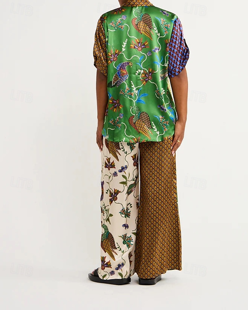 Dames Modieus Streetwear Broeken Sets Korte mouw Overhemdkraag Bloemig Afdrukken Alledaagse kleding Afspraakje Bruin Zomer Normale pasvorm 2025 - $41.99 –P6