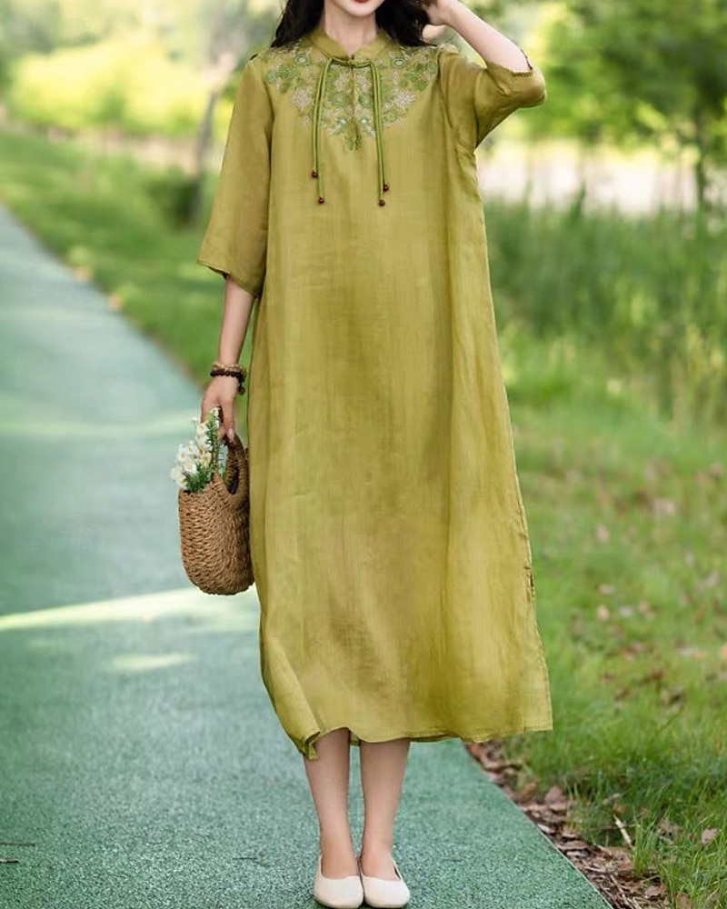 Pentru femei Rochii Midi Rochie din in bumbac Rochie florala Modă Modern Vacanță Zilnic Concediu Fit regulat Floare Manșon Jumate Guler de stand Roz Îmbujorat Albastru piscină Trifoi Caisă Vară 2025 - $28.99 –P5
