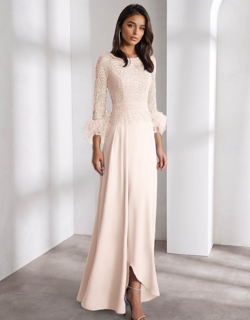 Modré A-line večerní šaty Elegantní Šaty Formální Svatební Délka Podlahy Dlouhý Rukáv Posádka Krk Chiffon s Peřím 2025 - $153.99 –P6