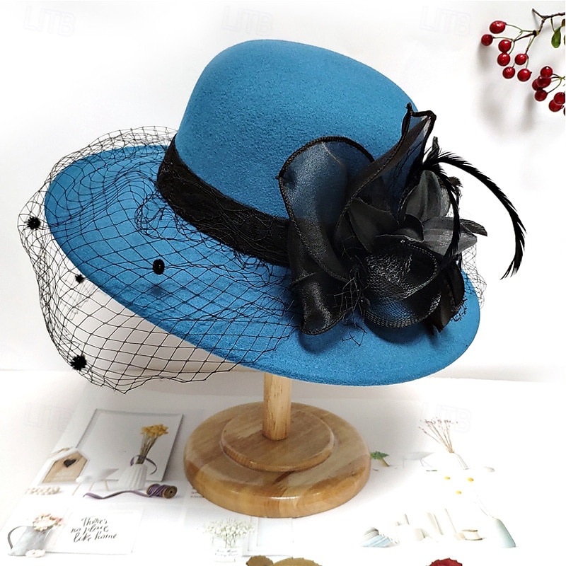 Vintage Fedora Bucket Hat with Removable Mesh Flowers Feathers Elegant Ladies Bowler Hat Winter Warm Wide Brim Church Derby Hat for Wedding Race Banquet 2025 - $23.99 –P18