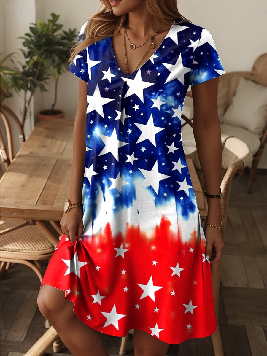 Abito Mini patriottico da donna per il Giorno dell'Indipendenza Abito T-shirt Abito Estivo Casual Quotidiano Fit Regolare Grafica Bandiera Rosso Bianco e Blu Manica Corta Collo a V Blu del 2026 a $24.99 –P7