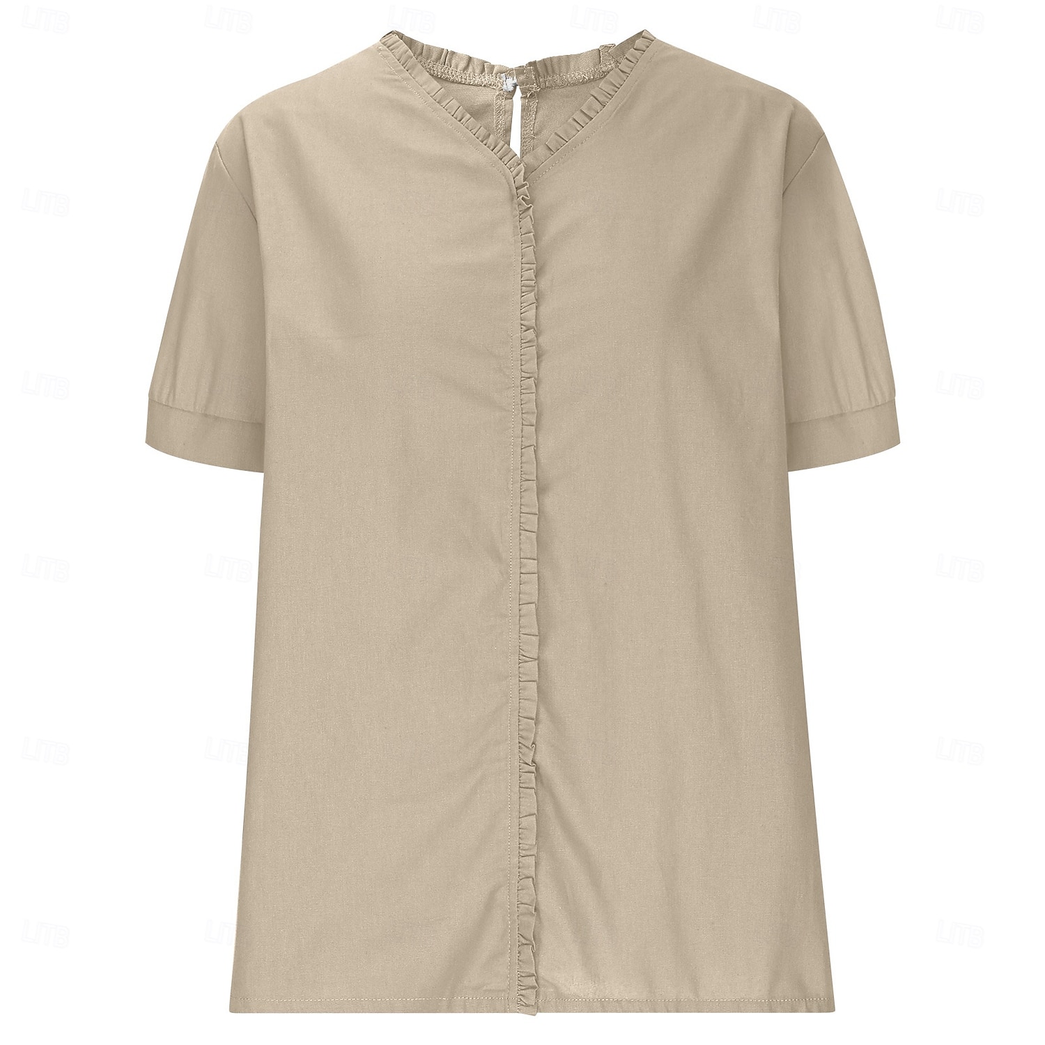 Chemisier en coton et lin pour femme, couleur unie, élégant, décontracté, manches courtes, col en V, régulier, quotidien, vacances, plissé, noir, blanc, rose, violet, vert, été de 2025 ? $23.99 –P3