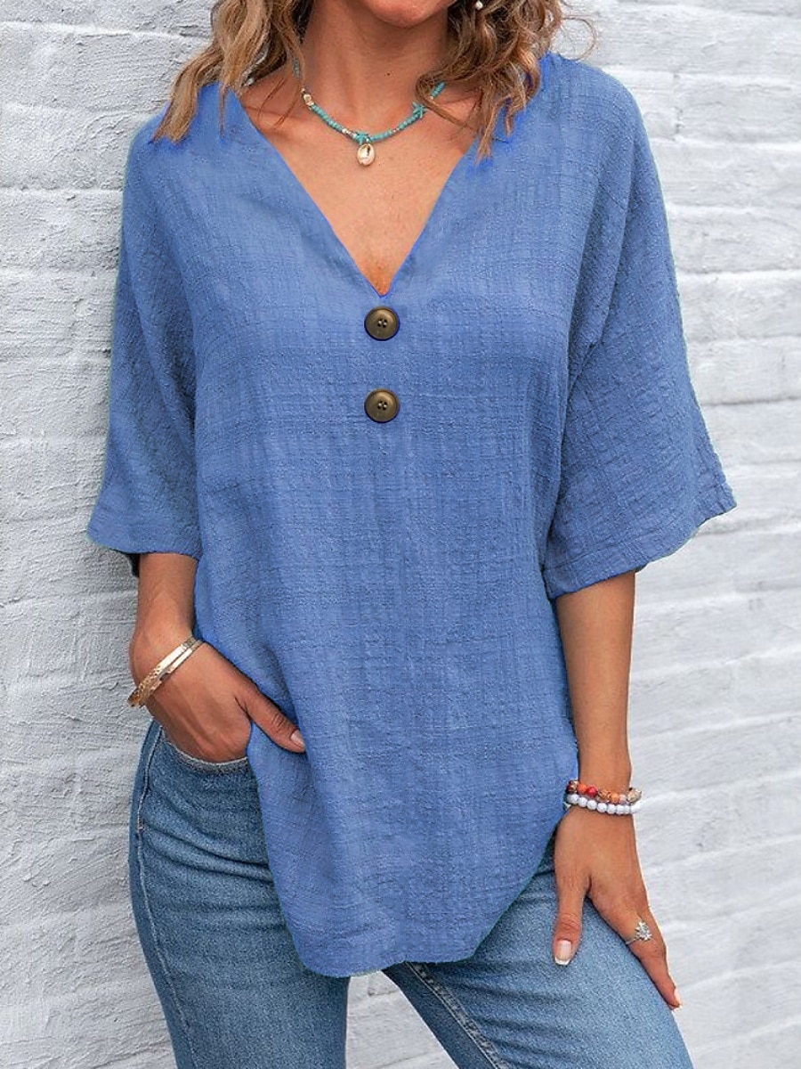 Femmes Chemise Uni Basique Occasionnel Demi Manches Col de chemise Hauts Réguliers Quotidien Boutons Jaune Bleu Roi Vert Gris Clair Gris Été de 2025 ? $22.99 –P4